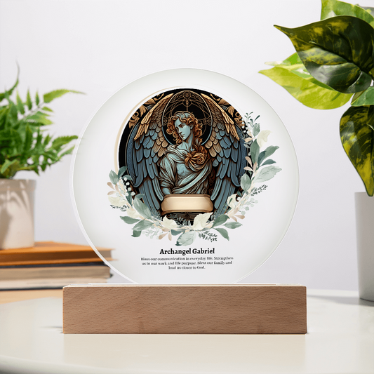 Archangel Gabriel art acrylic plaque with LED lights heavenly angelic decoration with wooden base celestial archangel artwork for spiritual decor guardian angel acrylic plaque with illuminating LEDs angel acrylic plaque gift for her or gift for him