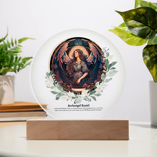 Archangel Raziel art acrylic plaque with LED lights heavenly angelic decoration with wooden base celestial archangel artwork for spiritual decor guardian angel acrylic plaque with illuminating LEDs angel acrylic plaque gift for her or gift for him