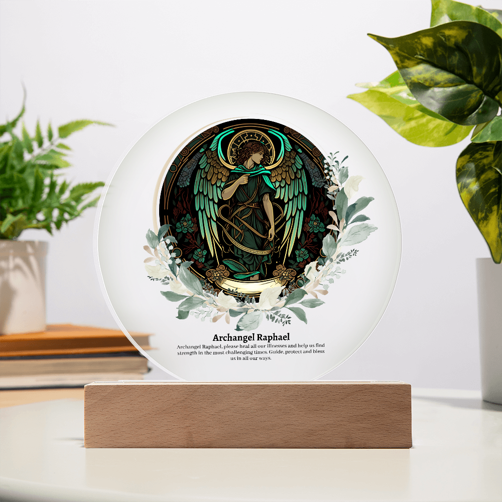 Archangel raphael art acrylic plaque with LED lights heavenly angelic decoration with wooden base celestial archangel artwork for spiritual decor guardian angel acrylic plaque with illuminating LEDs angel acrylic plaque gift for her or gift for him