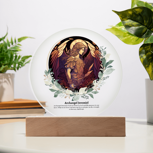 Archangel Jeremiel art acrylic plaque with LED lights heavenly angelic decoration with wooden base celestial archangel artwork for spiritual decor guardian angel acrylic plaque with illuminating LEDs angel acrylic plaque gift for her or gift for him
