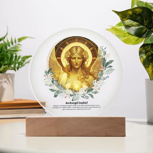 Archangel Jophiel art acrylic plaque with LED lights heavenly angelic decoration with wooden base celestial archangel artwork for spiritual decor guardian angel acrylic plaque with illuminating LEDs angel acrylic plaque gift for her or gift for him