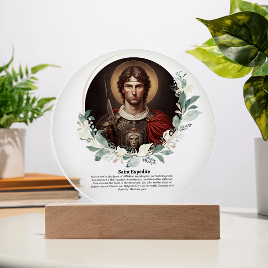 Saint Expedite art acrylic plaque with LED lights heavenly saint decoration with wooden base religious artwork for spiritual decor catholic saint acrylic plaque with illuminating LEDs spiritual acrylic plaque gift for her or gift for him