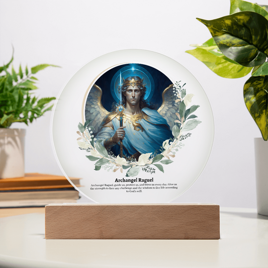 Archangel Raguel art acrylic plaque with LED lights heavenly angelic decoration with wooden base celestial archangel artwork for spiritual decor guardian angel acrylic plaque with illuminating LEDs angel acrylic plaque gift for her or gift for him