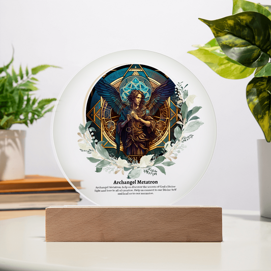 Archangel metatron art acrylic plaque with LED lights heavenly angelic decoration with wooden base celestial archangel artwork for spiritual decor guardian angel acrylic plaque with illuminating LEDs angel acrylic plaque gift for her or gift for him