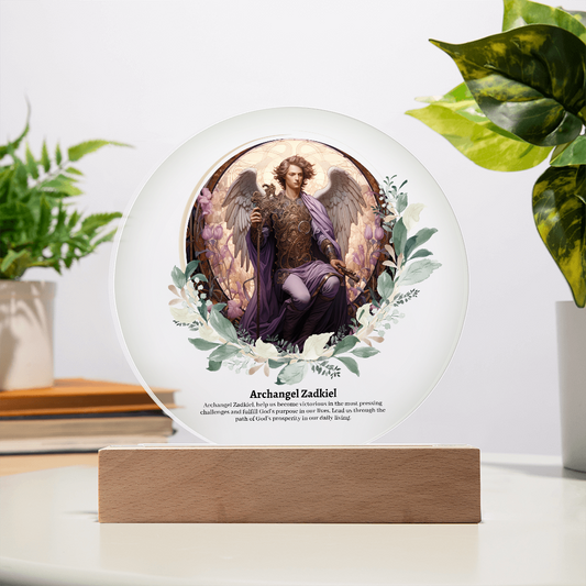 Archangel Zadkiel art acrylic plaque with LED lights heavenly angelic decoration with wooden base celestial archangel artwork for spiritual decor guardian angel acrylic plaque with illuminating LEDs angel acrylic plaque gift for her or gift for him