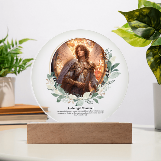 Archangel Chamuel art acrylic plaque with LED lights heavenly angelic decoration with wooden base celestial archangel artwork for spiritual decor guardian angel acrylic plaque with illuminating LEDs angel acrylic plaque gift for her or gift for him