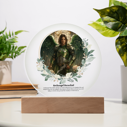 Archangel Barachiel art acrylic plaque with LED lights heavenly angelic decoration with wooden base celestial archangel artwork for spiritual decor guardian angel acrylic plaque with illuminating LEDs angel acrylic plaque gift for her or gift for him