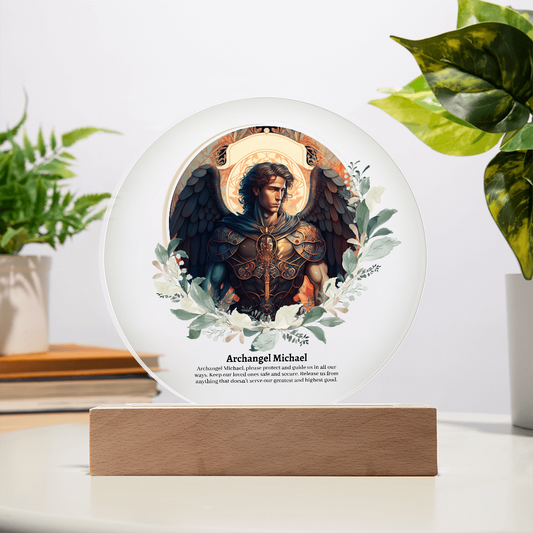 Archangel Michael art acrylic plaque with LED lights heavenly angelic decoration with wooden base celestial archangel artwork for spiritual decor guardian angel acrylic plaque with illuminating LEDs angel acrylic plaque gift for her or gift for him